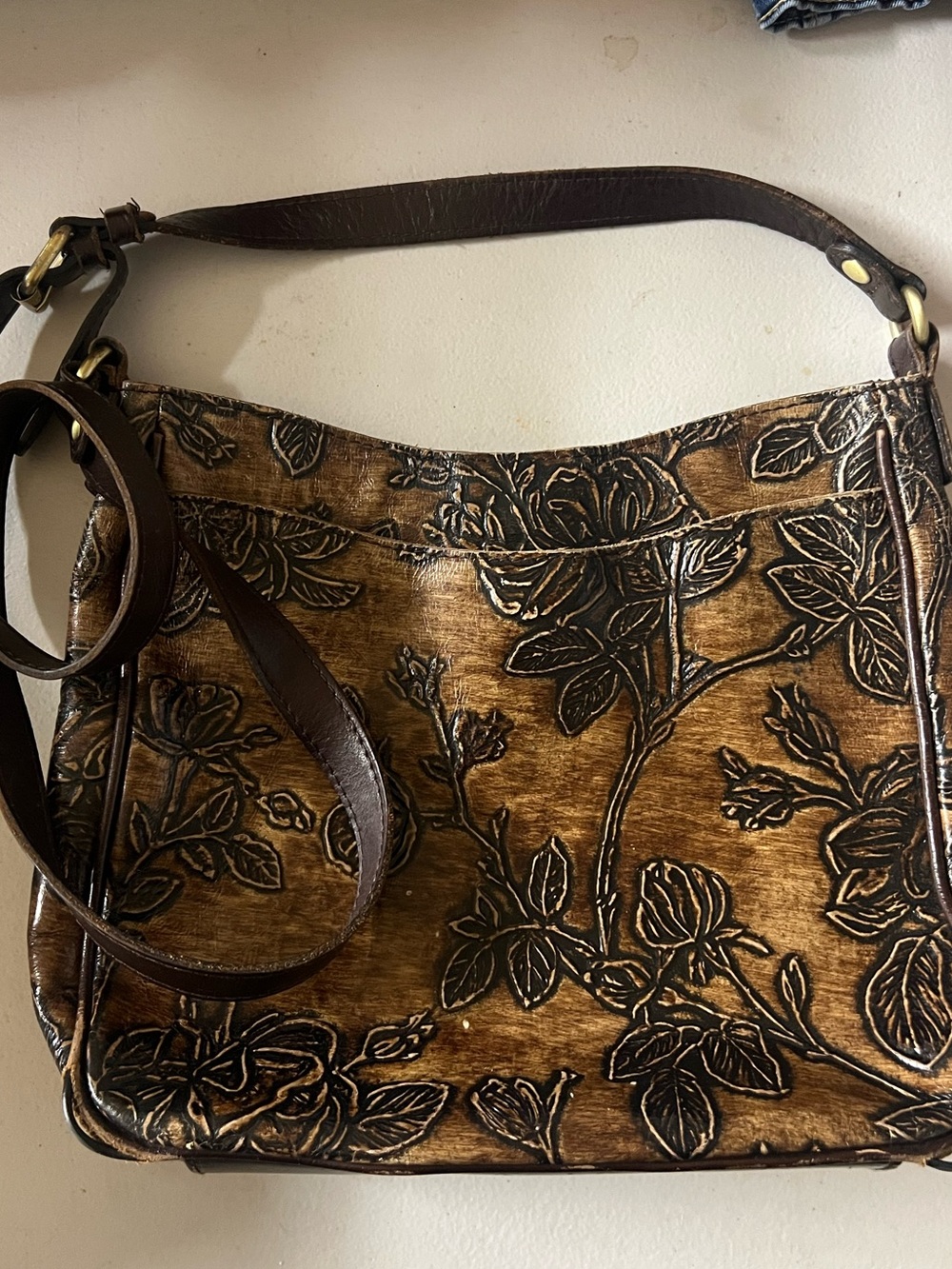Patricia Nash Embossed Floral Leather Shoulder Bag - Brown